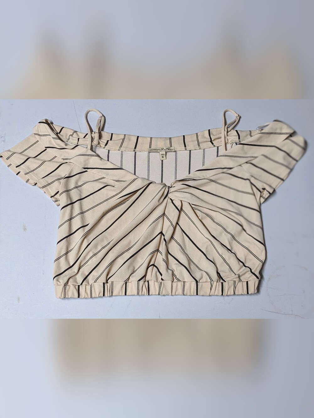 Express One Eleven Striped Off-the-Shoulder Twist-Front Crop Top - Cream & Black